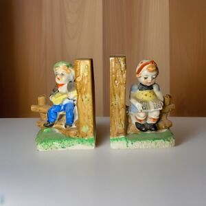 Vintage Made In Japan Ceramic Bookends Girl Reading Boy Music Book Ends
